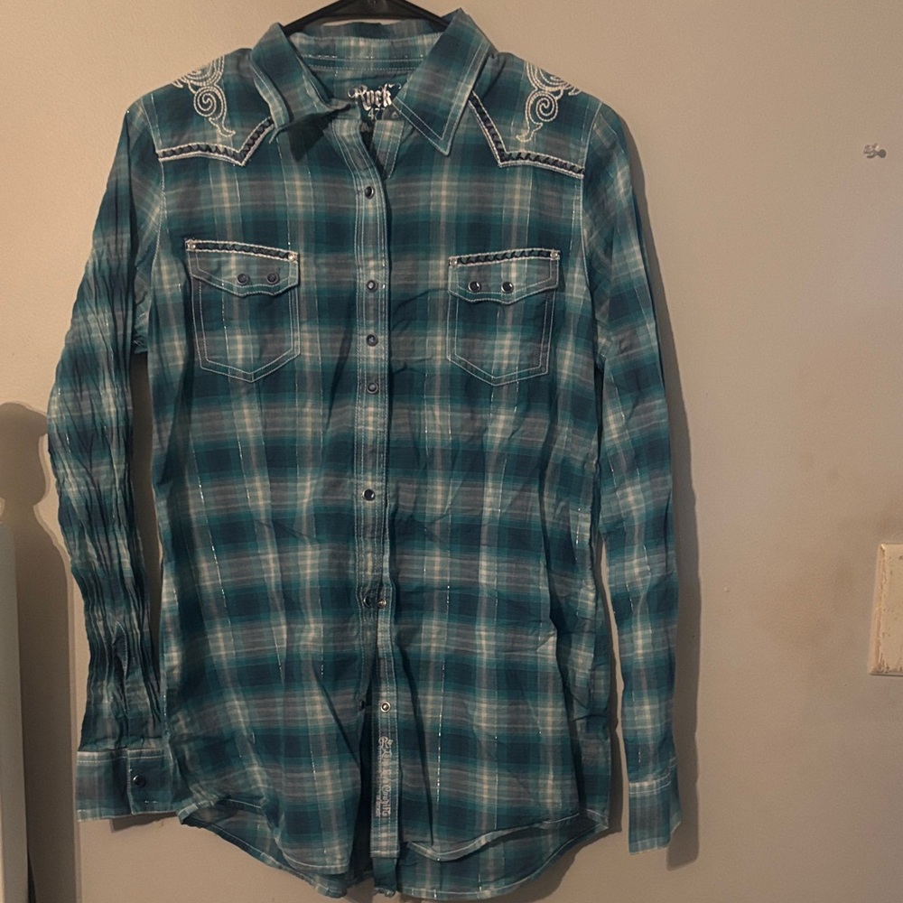 Wrangler Teal and Cream Plaid Western Shirt with Metallic Script